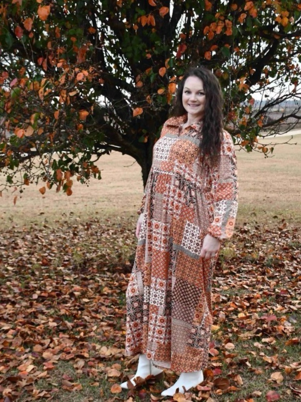 Bohemian Patchwork Maxi Dress in Autumn Orange